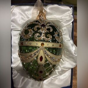 Elegant Green and Gold Holiday Ornament Faberge Style
